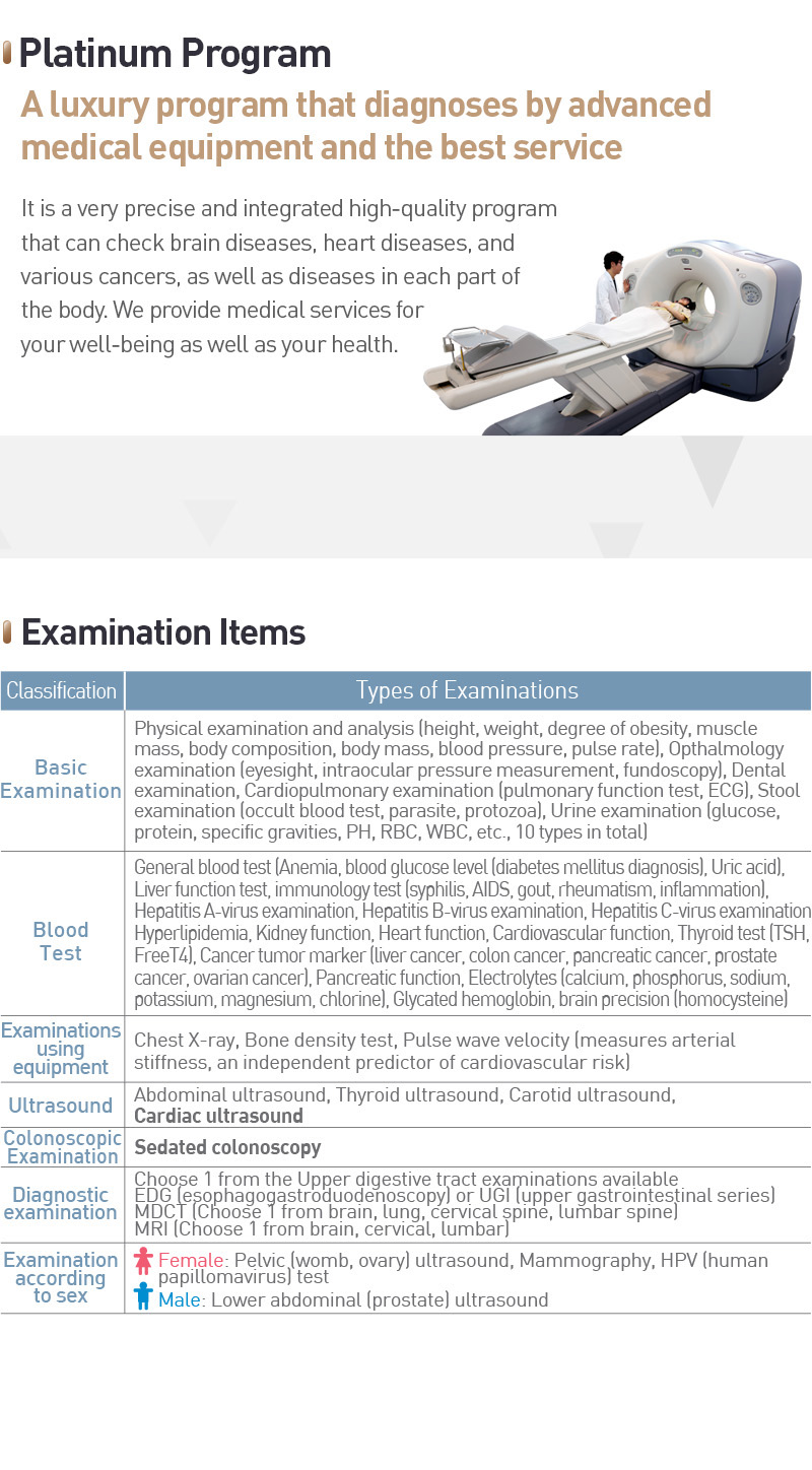 [Platinum Program]
        A luxury program that diagnoses by advanced medical equipment and the best service.
        It is a very precise and integrated high-quality program that can check brain diseases, heart diseases, and various cancers, as well as diseases in each part of the body. We provide medical services for your well-being as well as your health.
        [Examination Items]
        Basic Examination - Physical examination and analysis (height, weight, degree of obesity, muscle mass, body composition, body mass, blood pressure, pulse rate), Opthalmology examination (eyesight, intraocular pressure measurement, fundoscopy), Dental examination, Cardiopulmonary examination (pulmonary function test, ECG), Stool examination (occult blood test, parasite, protozoa, Urine examination glucose, protein, specific gravities, PH, RBC, WBC, etc., 10 types in total).
        Blood Test - General blood test (Anemia, blood glucose level (diabetes mellitus diagnosis, Uric acid), Liver function test, immunology test (syphilis, AIDS, gout, rheumatism, inflammation), Hepatitis A-virus examination, Hepatitis B-virus examination, Hepatitis C-virus examination Hyperlipidemia, Kidney function, Heart function, Cardiovascular function, Thyroid test (TSH. FreeT4), Cancer tumor marker (liver cancer, colon cancer, pancreatic cancer, prostate cancer, ovarian cancer, Pancreatic function, Electrolytes calcıum, phosphorus, sodium. potassium, magnesium, chlorine), Glycated hemoglobin, brain precision (homocysteine).
        Examinations using equipment - Chest X-ray, Bone density test, Pulse wave velocity (measures arterial stiffness, an independent predictor of cardiovascular risk).
        Ultrasound - Abdominal ultrasound, Thyroid ultrasound, Carotid ultrasound, Cardiac ultrasound.
        Colonoscopic Examination - Sedated colonoscopy
        Diagnostic examination - hoose 1 from the Upper digestive tract examinations available EDG (esophagogastroduodenoscopy) or UGl (upper gastrointestinal series MDC Choose 1 trom brain, lung, cervical spine, lumbar spine ARI Choose 1 trom brain, cervical, lumbar.
        Examination according to sex - * Female: Pelvic (womb, ovary) ultrasound, Mammography, HPV human papillomavirus test * Male: Lower abdominal (prostate) ultrasound.