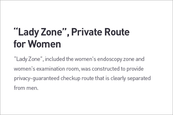 "Lady Zone",Private Route for Women. "Lady Zone", included the women's endoscopy zone and women's examination room, was constructed to provide privacy-guaranteed checkup route that is clearly separated from men. description